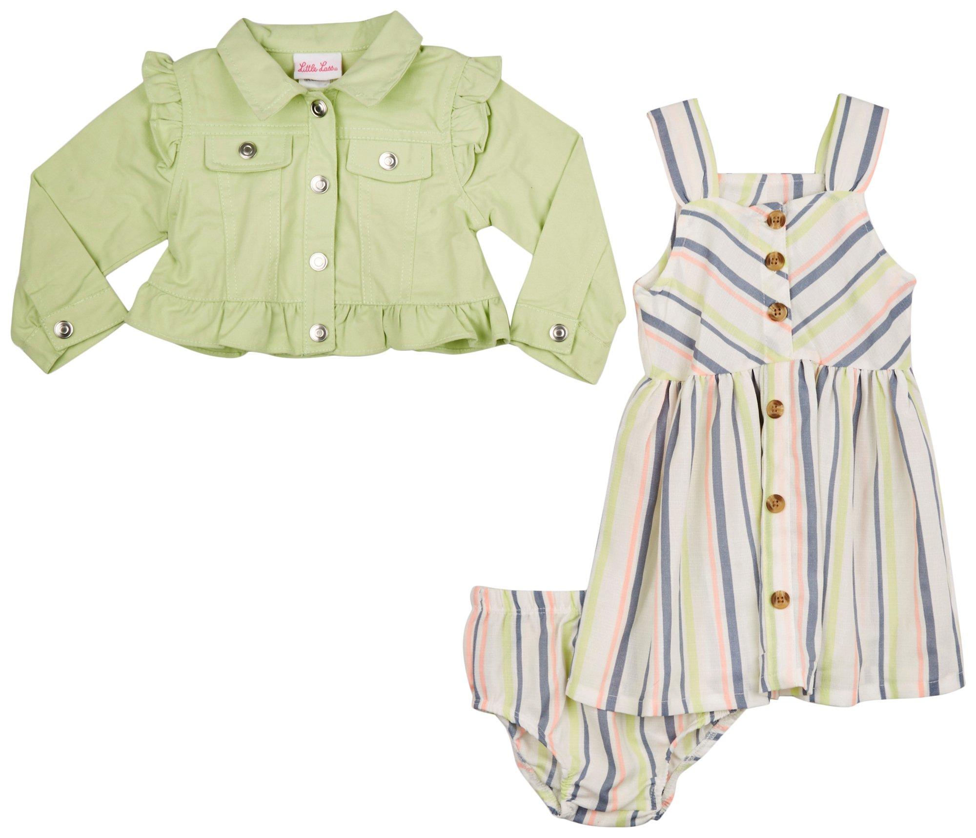 Little Lass Baby Girls 3-Pc. Stripe Dress Denim Jacket Set