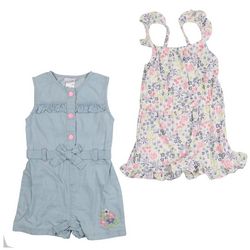 Little Lass Baby Girls 2-Pc. Denim & Floral Rompers Set