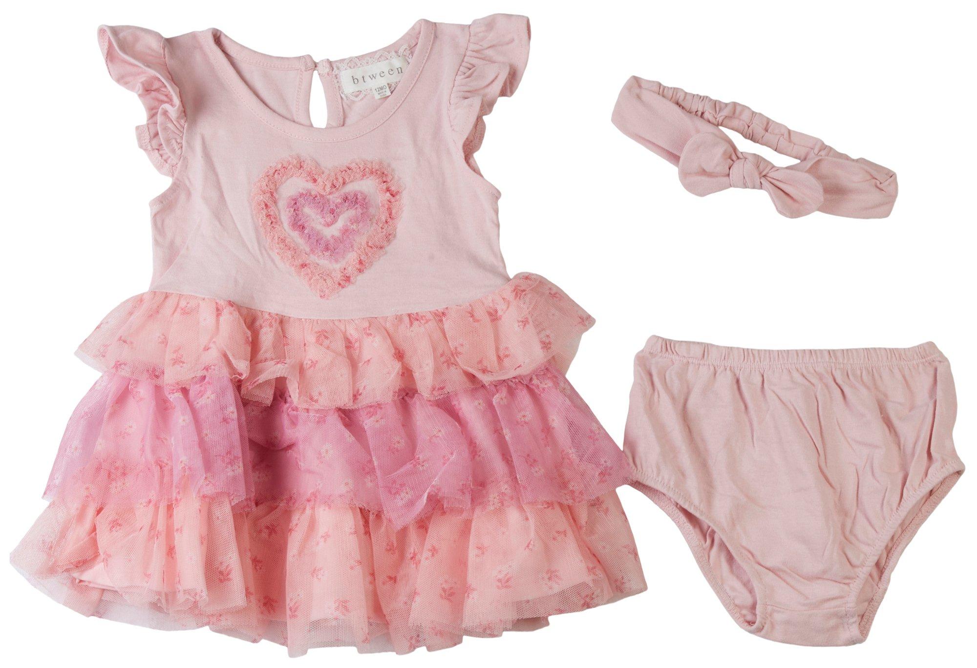 Btween Baby Girls 3-pc. Tiered Mesh Heart Dress Set