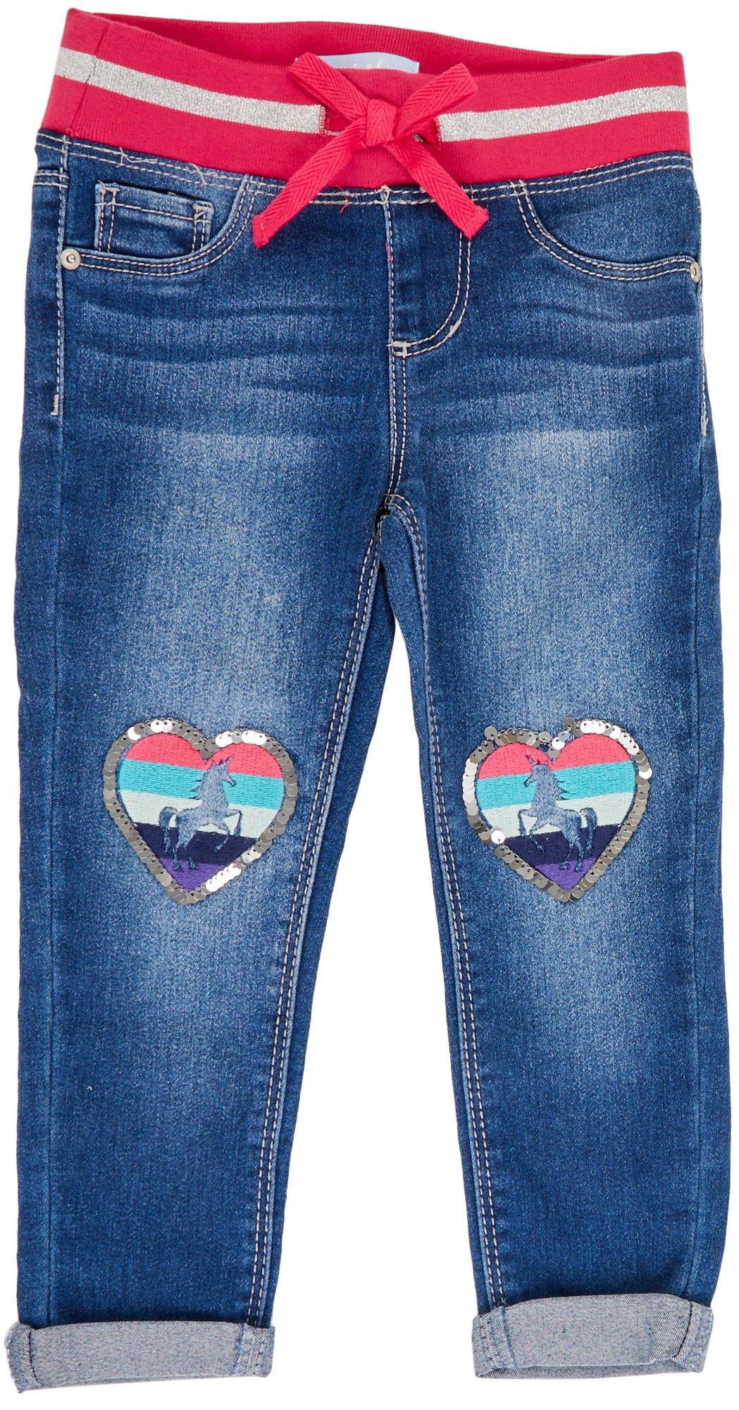 Little Girls Sequin Heart & Unicorn Denim Pants