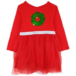 Toddler Girls Xmas Wreath Long Sleeve Dress