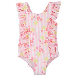 Floatimini Toddler Girls Stripe Floral Ruffle Swimsuit