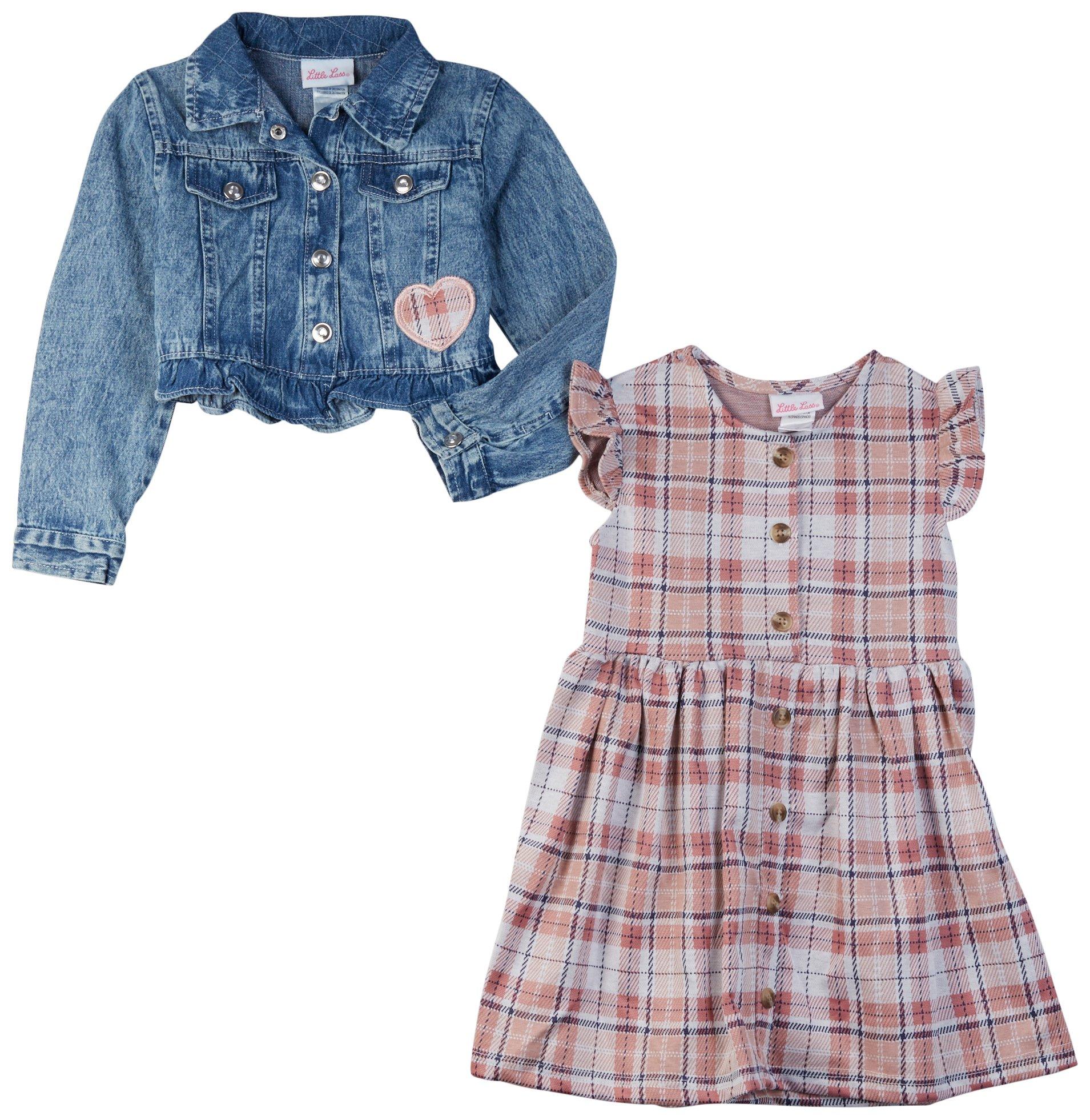 Toddler Girls 2 Pc. Denim Jacket Pink Plaid  Dress Set