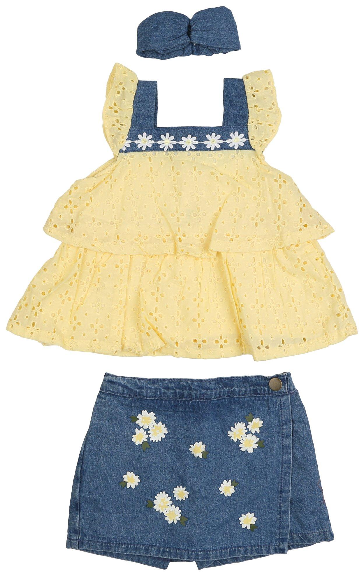 Toddler Girls 3 Pc. Daisy Eyelet Skorts Set