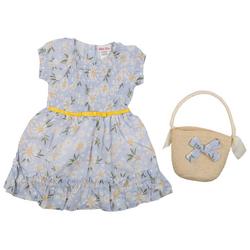 Toddler Girls 2 Pc. Floral Dress + Straw Bow Handbag Set