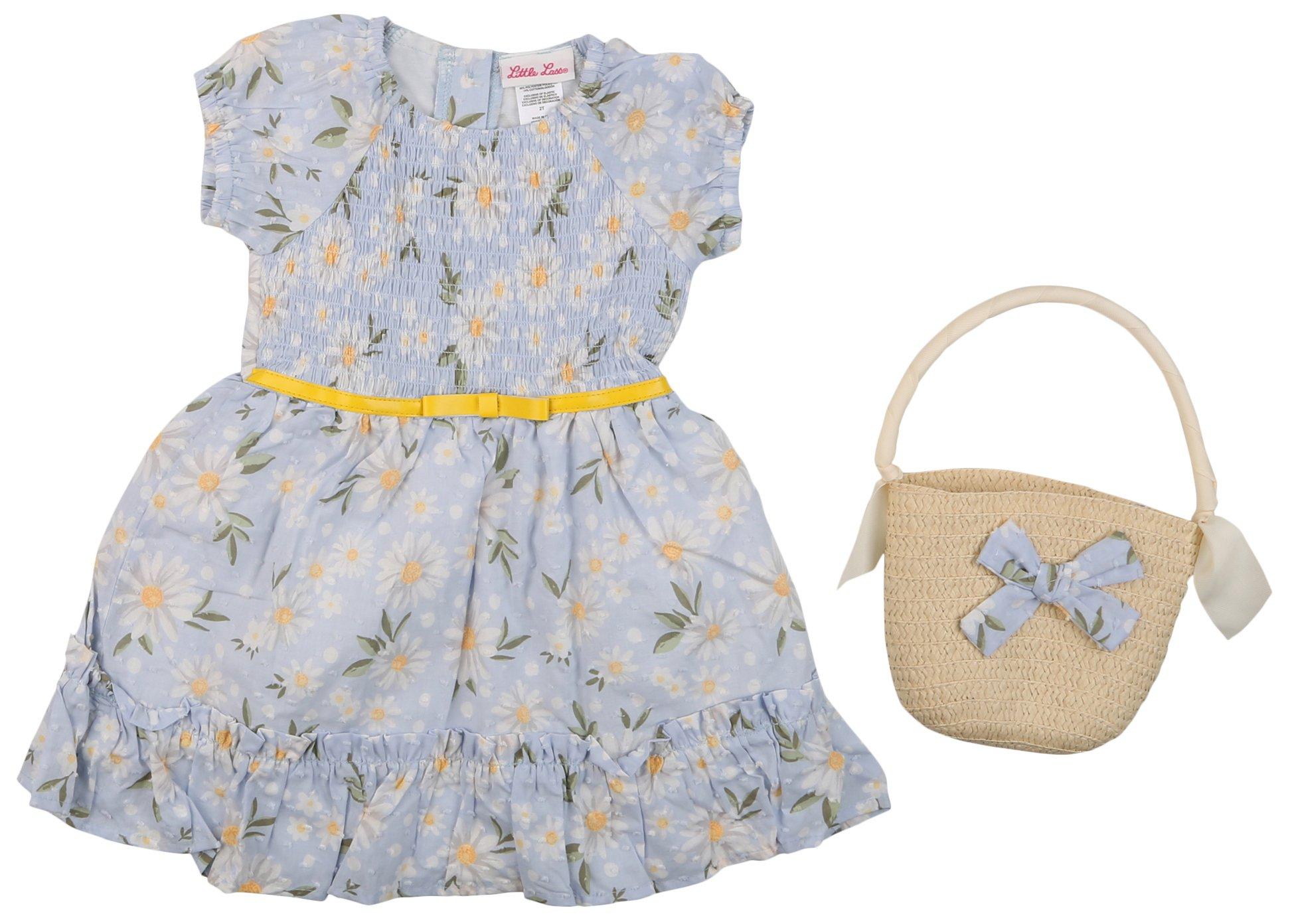 Toddler Girls 2 Pc. Floral Dress + Straw Bow Handbag Set