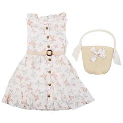 Toddler Girls 2 Pc. Floral Dress + Straw Handbag Set