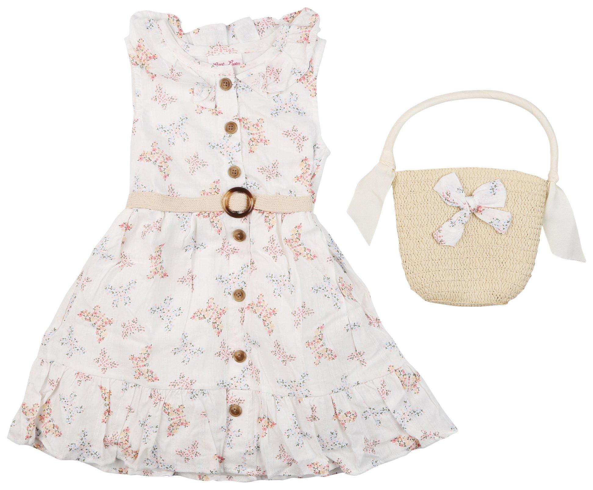 Toddler Girls 2 Pc. Floral Dress + Straw Handbag Set