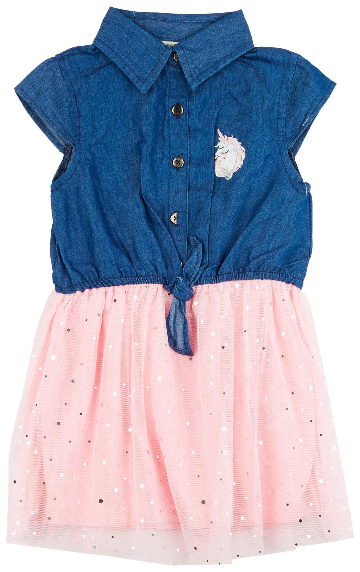 Toddler Girls Unicorn Denim & Tulle Dress