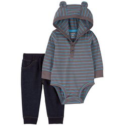 Baby Boys 2-pk. Blue-Taupe Bear Long Sleeve Pant Set