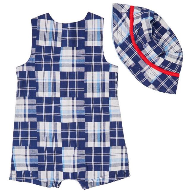 Carter's Baby Checkered Cotton Romper- Navy Blue - Cotton Mixes or Cotton Poly - 3 to 6 Months - Blue - Boys - for Infant