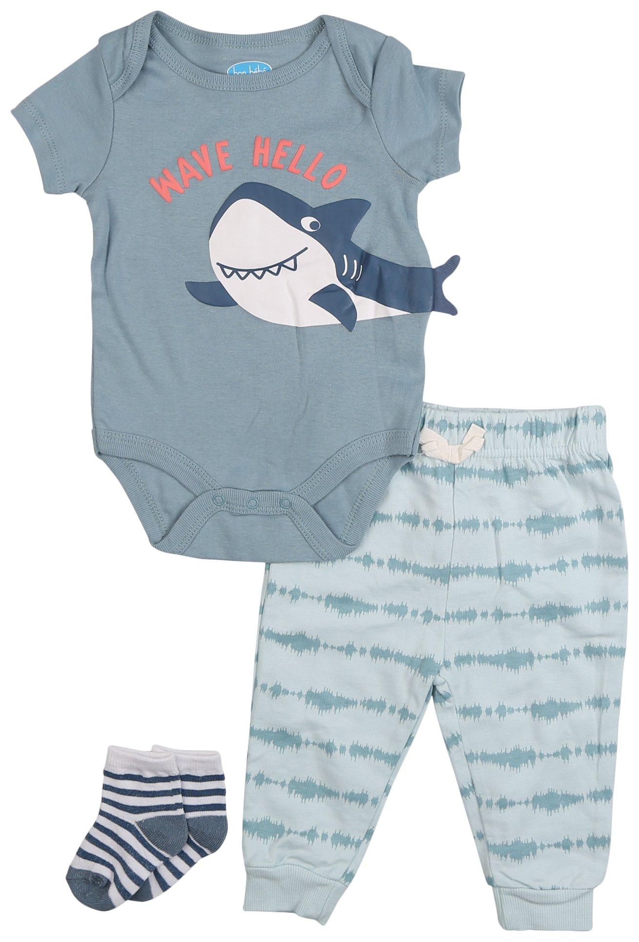 BON BEBE Baby Boys 3 Pc. Shark Wave Pant + Socks Set