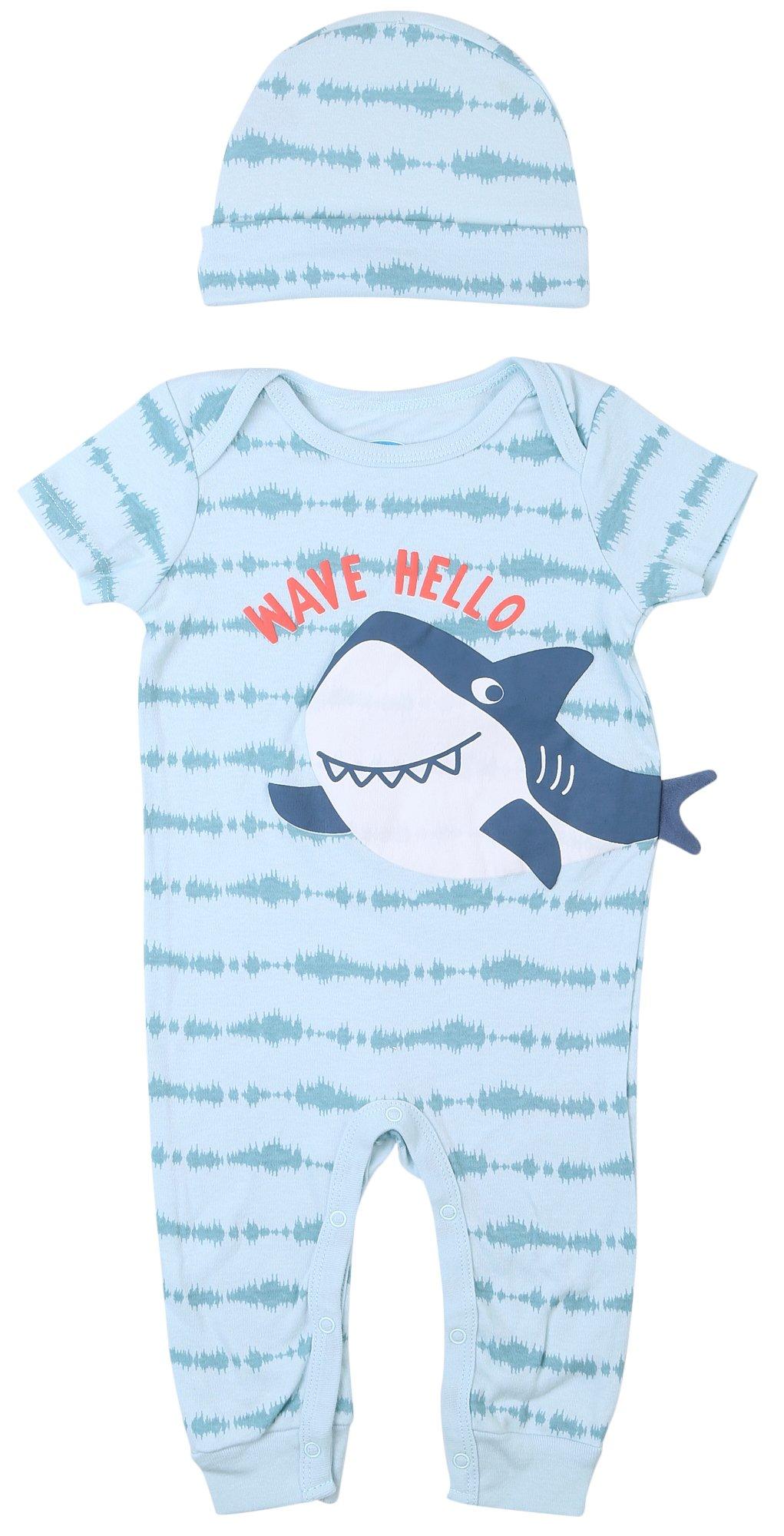 BON BEBE Baby Boys 2 Pc. Shark Wave Coverall Hat Set