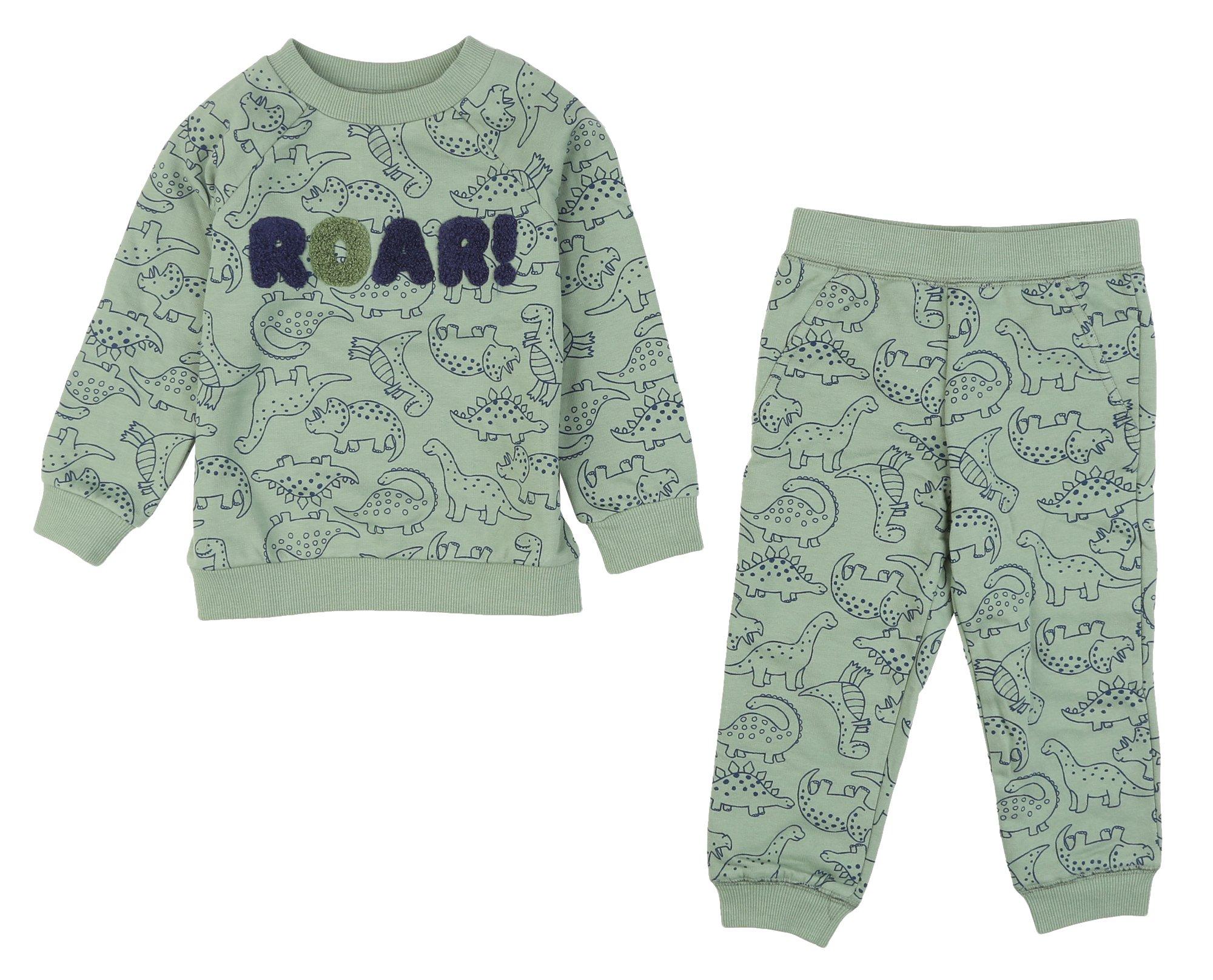 2-piece Toddler Boy Dinosaur Print Striped Long-sleeve Top and Elasticized Solid Pants Set