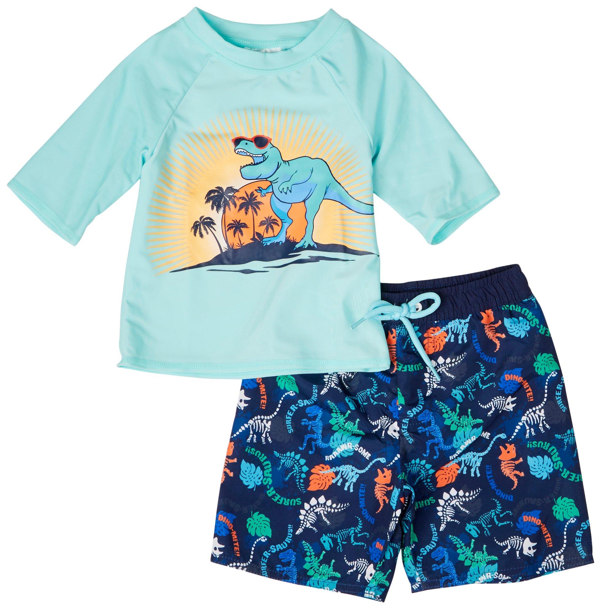 SwimFix Toddler Boys 2 Pc Sunset Dino Swim Shorts Set