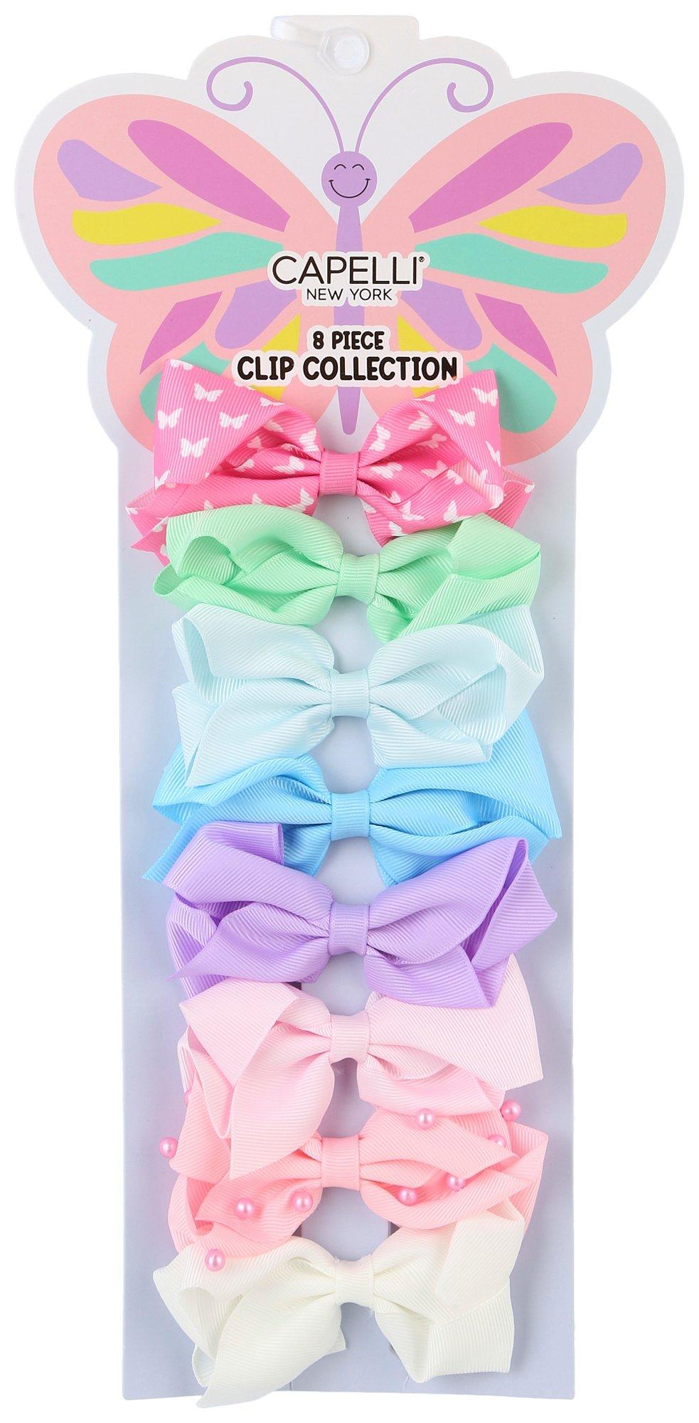Girls 8pk. Bows Clip Butterflies/Pearl Set