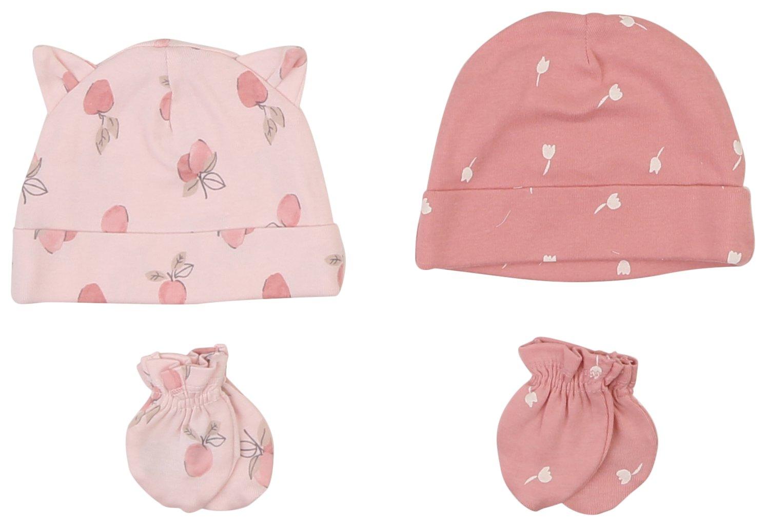 Baby 4 Pc Floral Hat & Mitten Set