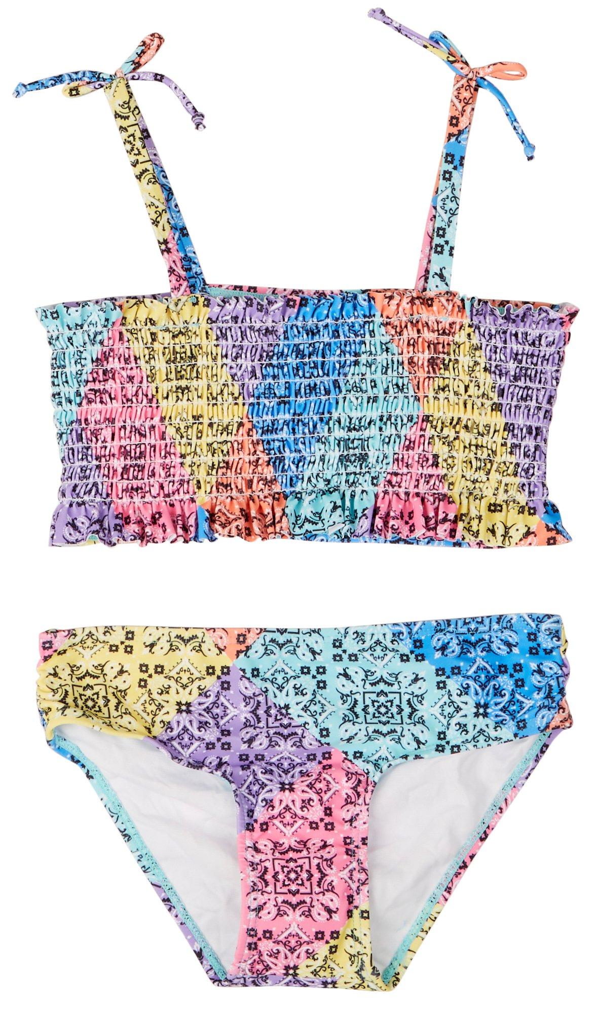 Kensie Girl Big Girls 2-Pc. Patchwork Smocked Swimsuit