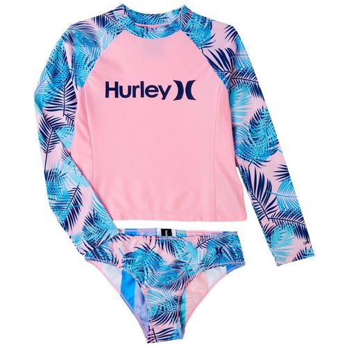 Hurley Big Girls 2-pc. Palm Frond Rashguard Swimsuit