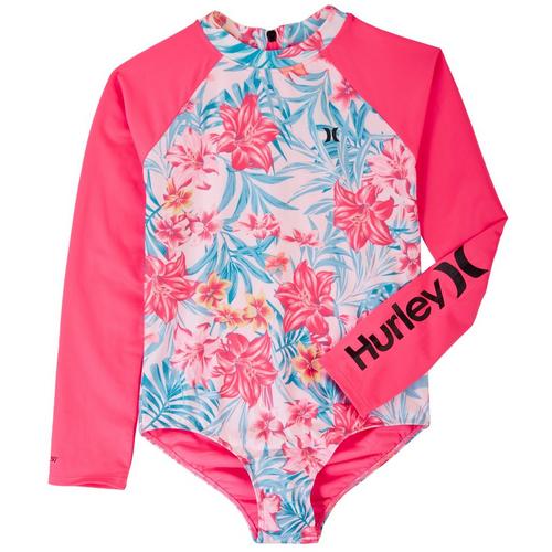 Hurley Little Girls Hibiscus Long Sleeve Rashguard Swimsuit