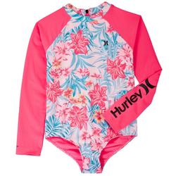 Little Girls Hibiscus Long Sleeve Rashguard Swimsuit