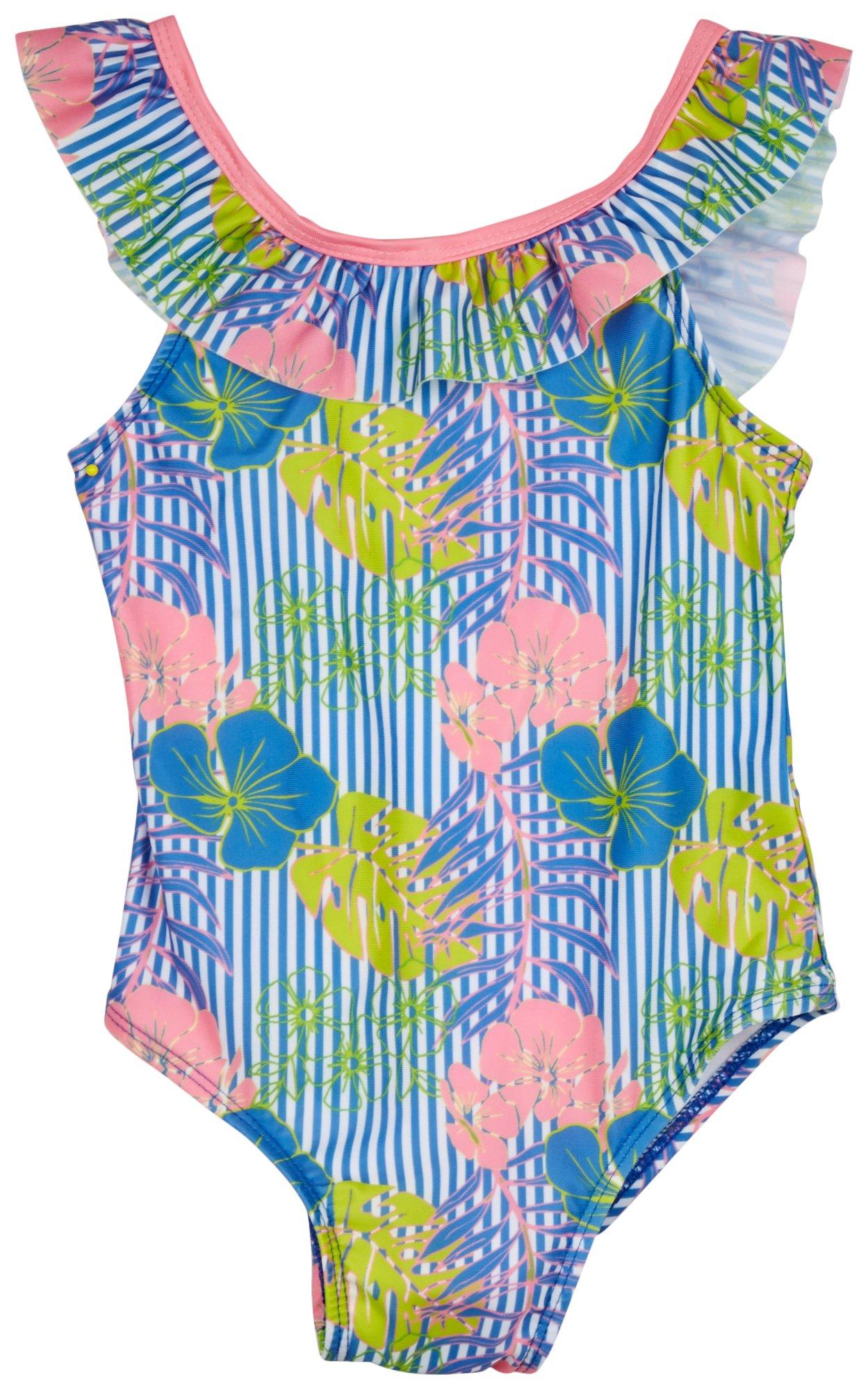 DOT & ZAZZ Little Girls 1-Pc. Tropical Striped Swimsuit