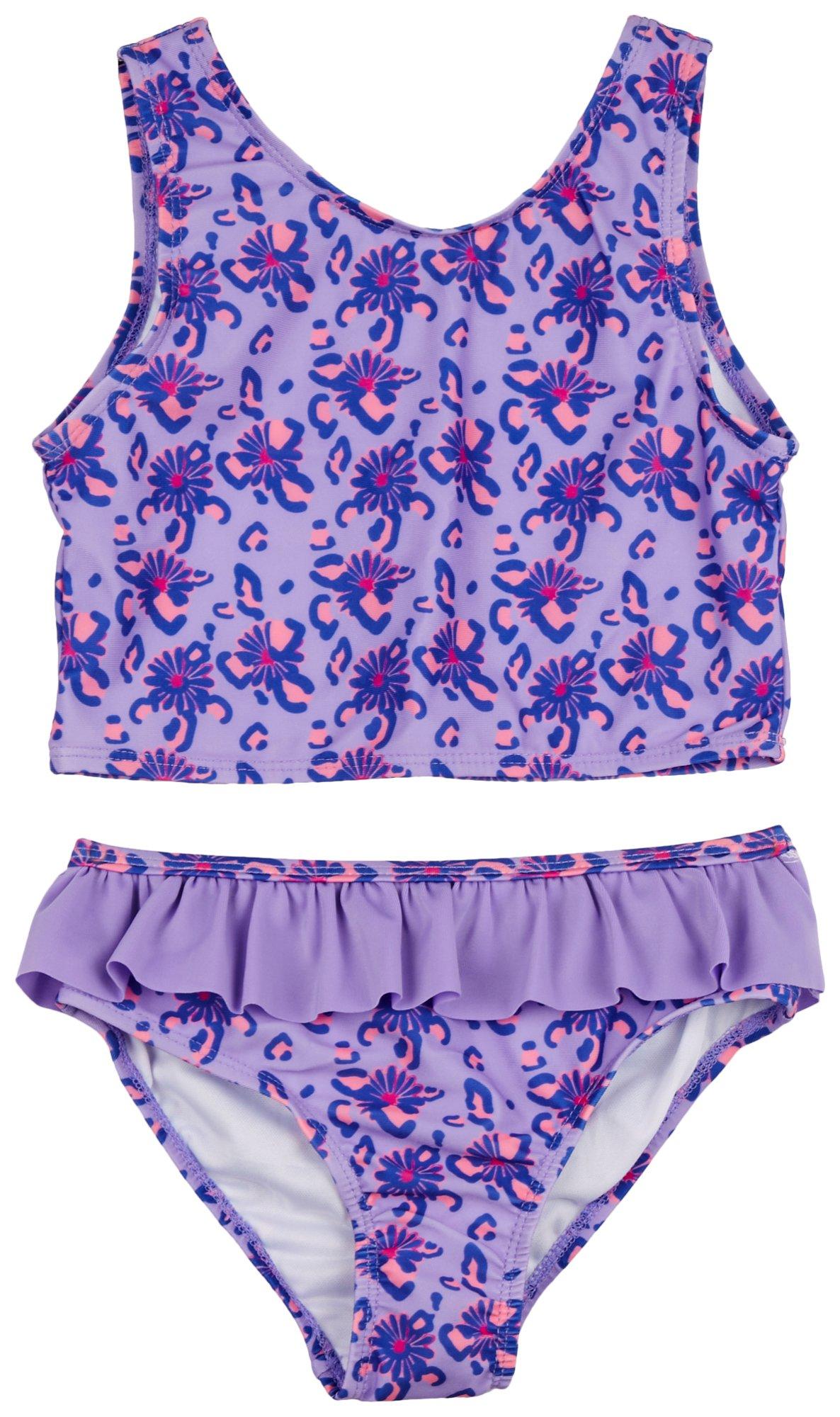 BRIGHT SKY Little Girls 2-Pc. Floral Cheetah Swimsuit Set
