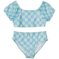 BRIGHT SKY Big Girls 2-Pc. Floral Checkered Swimsuit Set