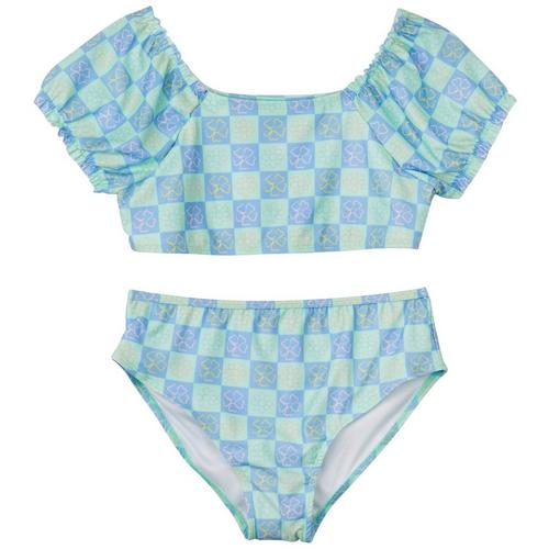 BRIGHT SKY Big Girls 2-Pc. Floral Checkered Swimsuit