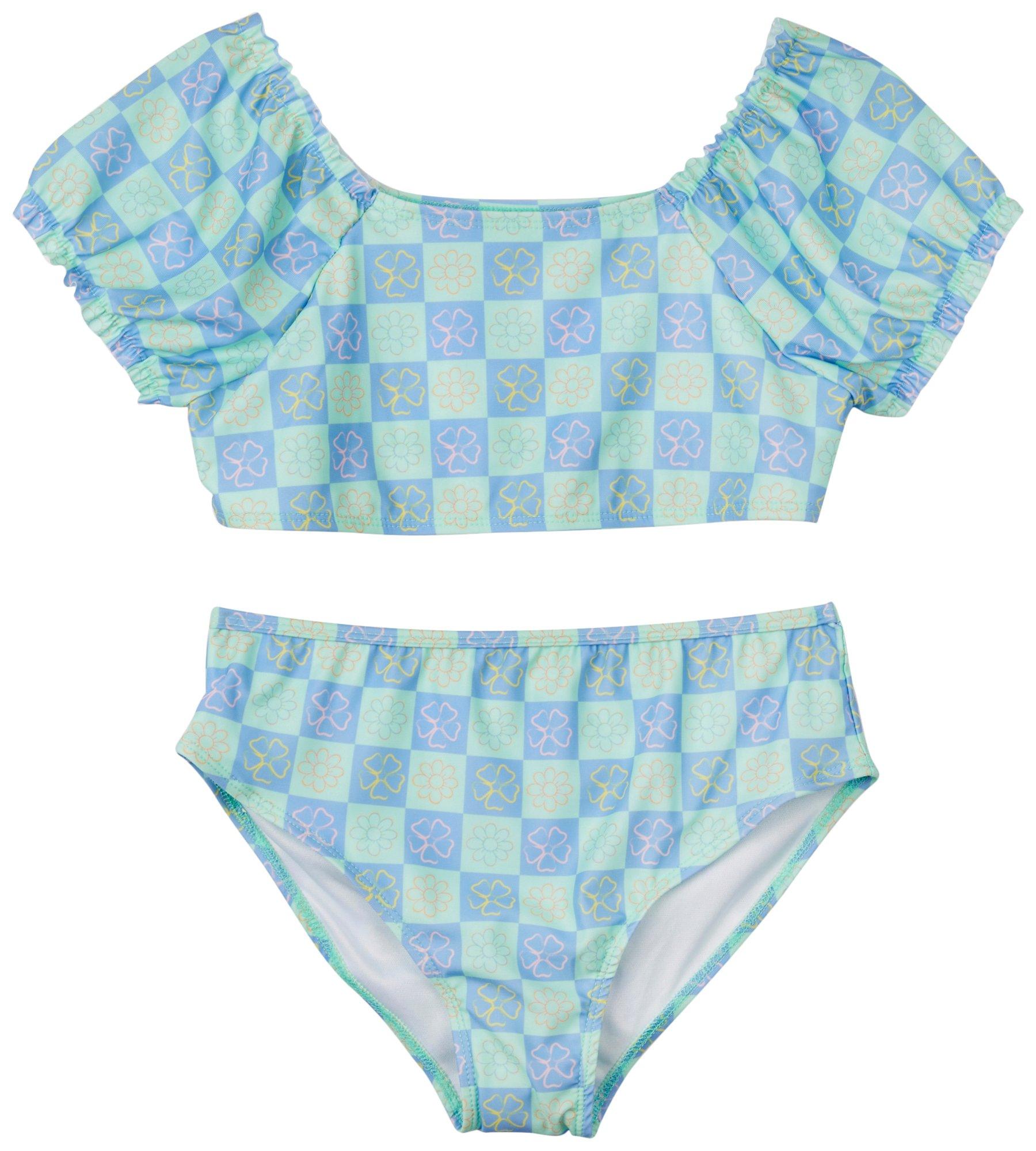 Big Girls 2-Pc. Floral Checkered Swimsuit Set