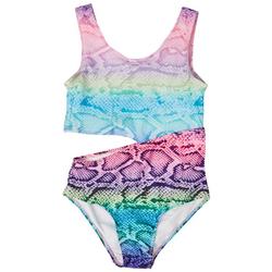 Big Girls Rainbow Snakeskin Cut Out One Piece Swimsuit