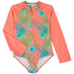 Reel Legends Big Girls Palm Leaf Rashguard Swimsuit