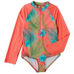 Reel Legends Little Girls Palm Leaf Rashguard Swimsuit