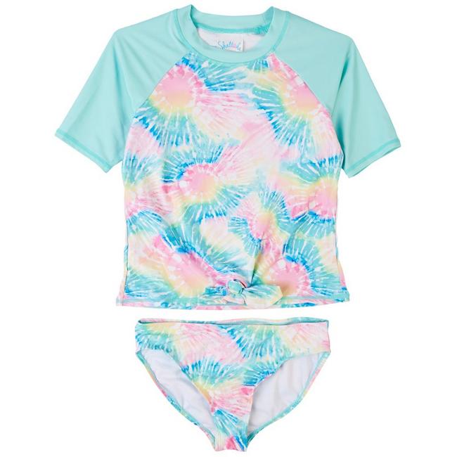 Pink Platinum Girls' Rainbow Print Tankini Rashguard Set Swimsuit 