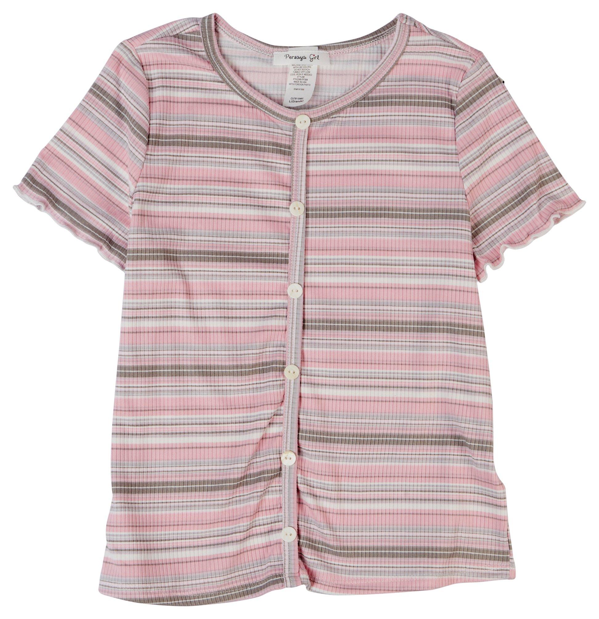 Persaya Girl Big Girls Striped Ribbed Faux Button Top