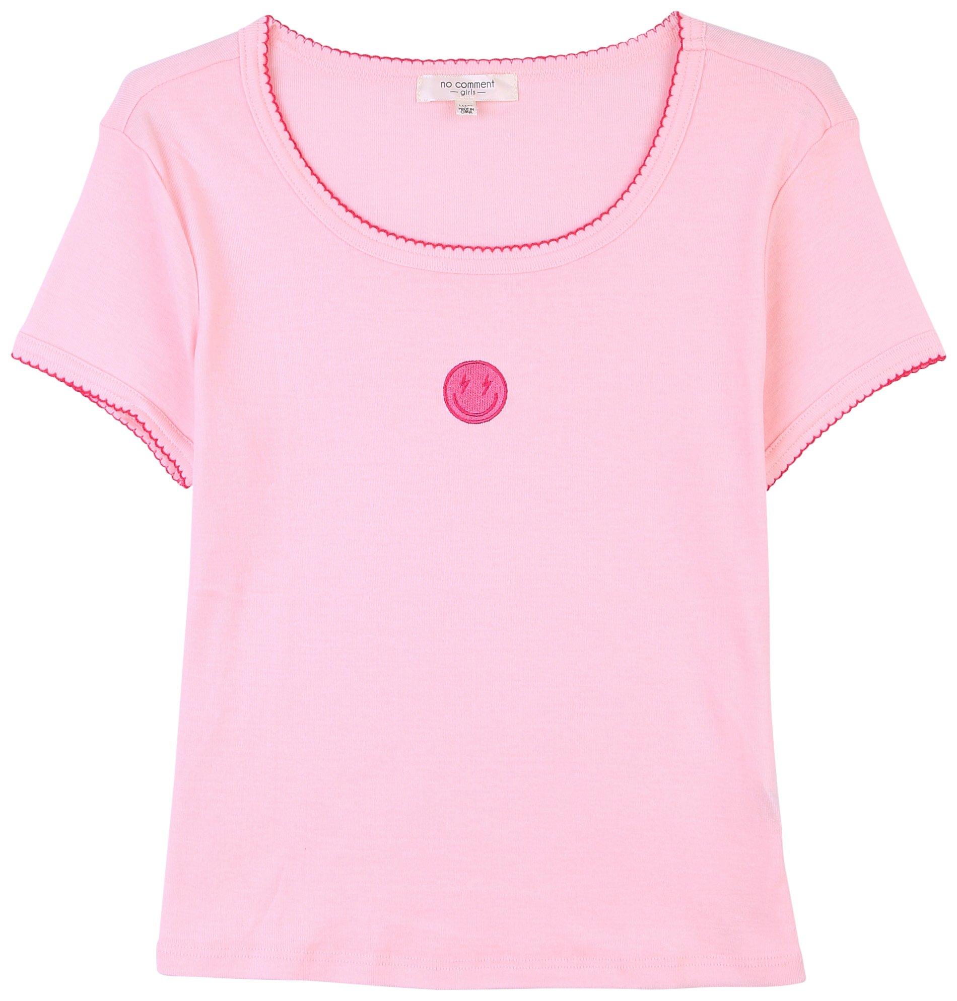 No Comment Big Girls Embroidered Smiley Face Top