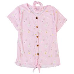 One Step Up Little Girls Floral Ribbed Tie Front Top