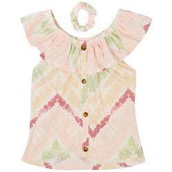 One Step Up Little Girls Ruffle Tie-Dye Button Ribbed Top