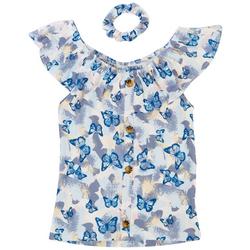 Little Girls Ruffle Butterfly Button Ribbed Top