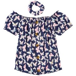 One Step Up Little Girls Butterfly Button Ribbed Top