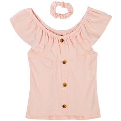 One Step Up Big Girls Solid Ruffle Button Ribbed Top