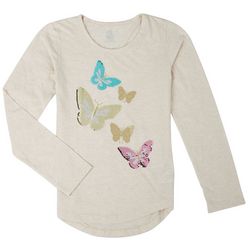 Little Girls Flip Sequins Butterfly Long Sleeve Top