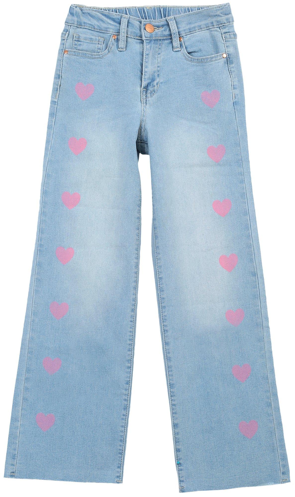 Girl Big Girls Heart Print Wide Leg Denim Pants
