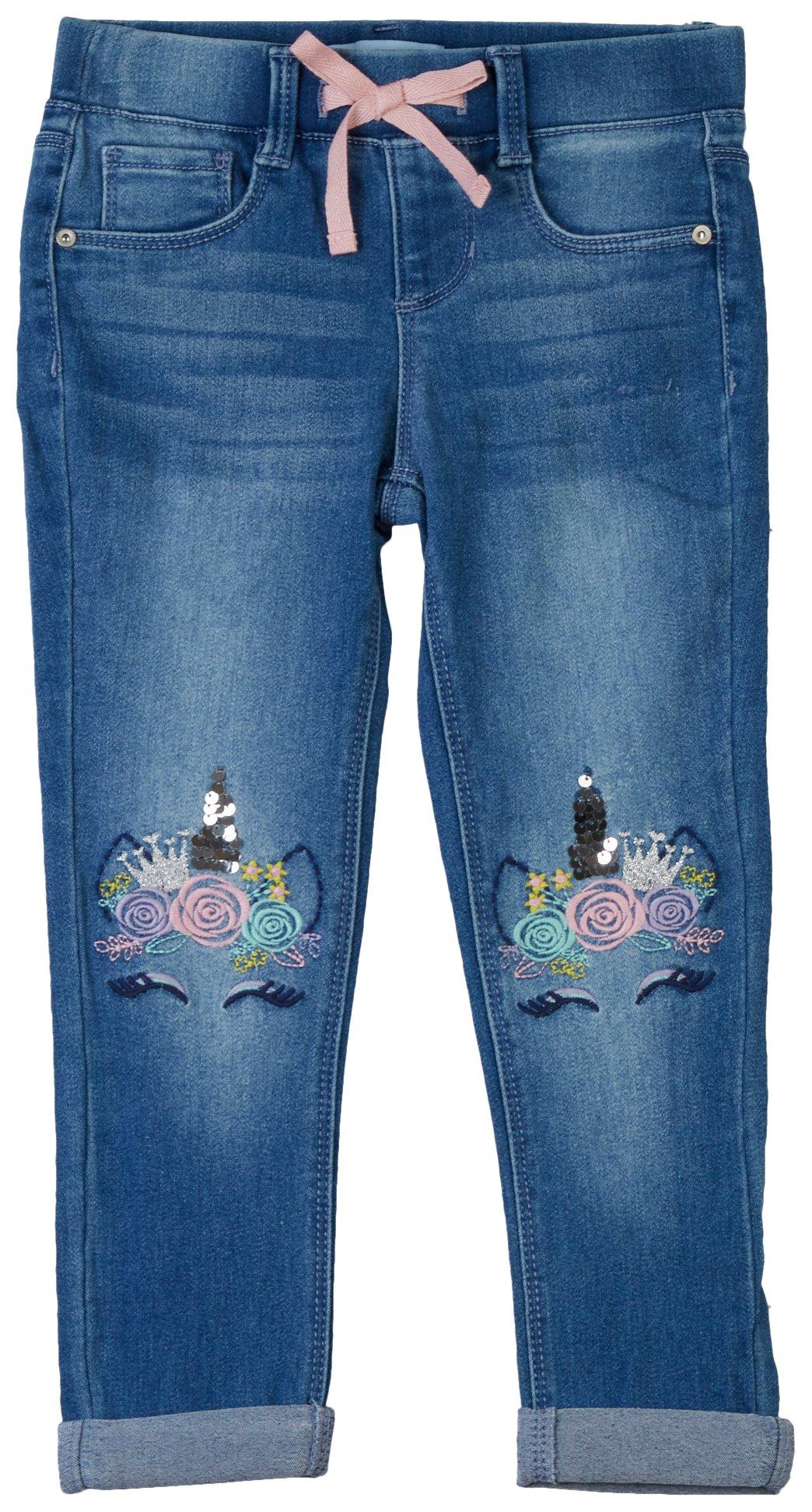 BLUE INK Little Girls Sequin Unicorn Crown Denim Pants