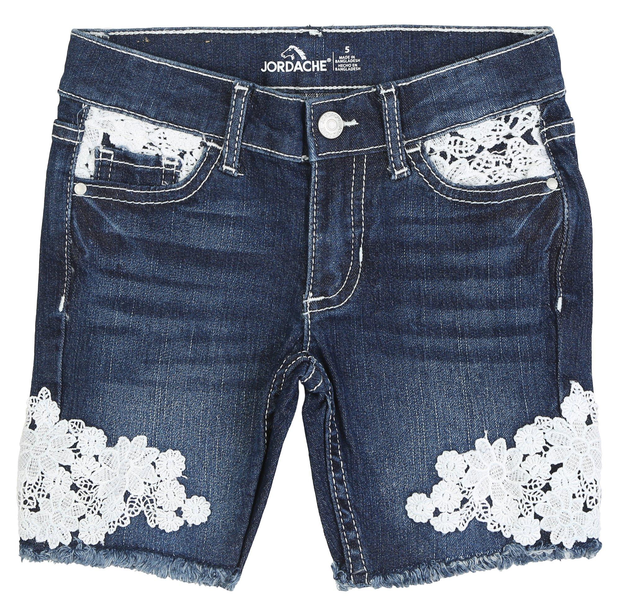 Little Girls Floral Crochet Denim Shorts