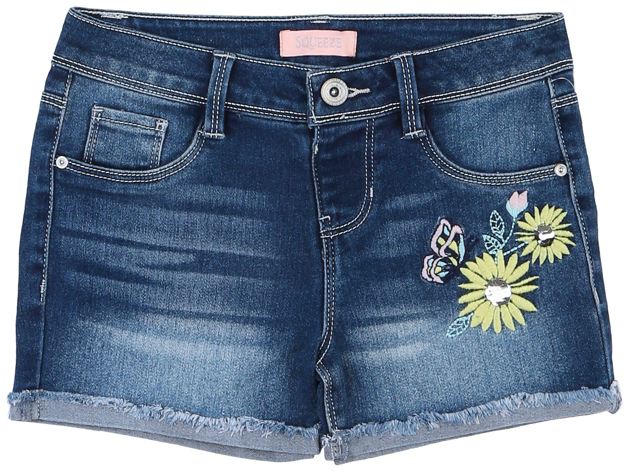 Squeeze Big Girls Embroidered Floral Denim Shorts