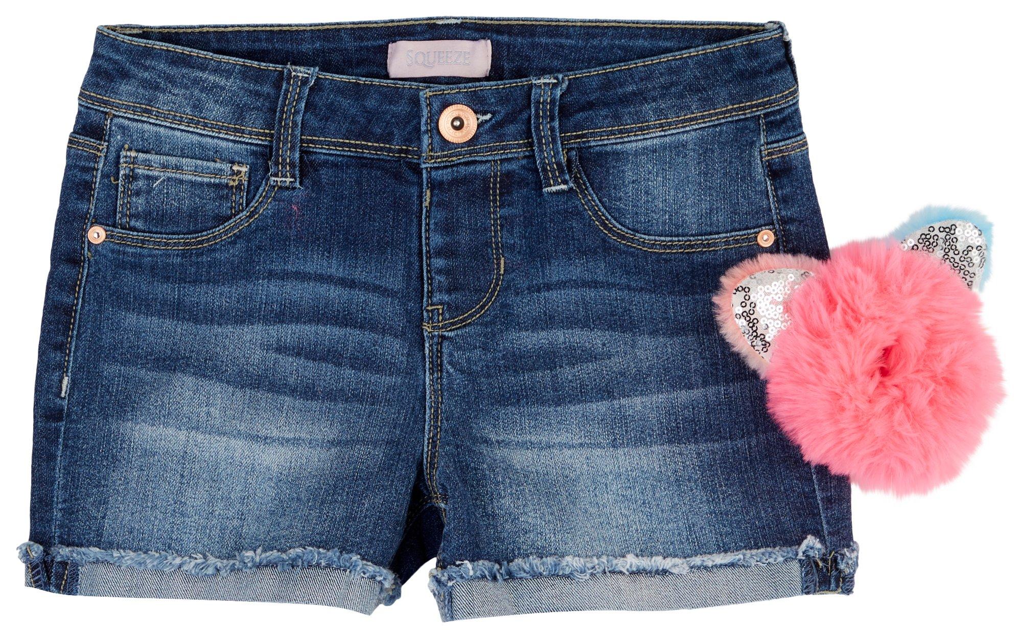 Squeeze Little Girls Denim Shorts & Tie-Dye Cat Ear Hair Tie