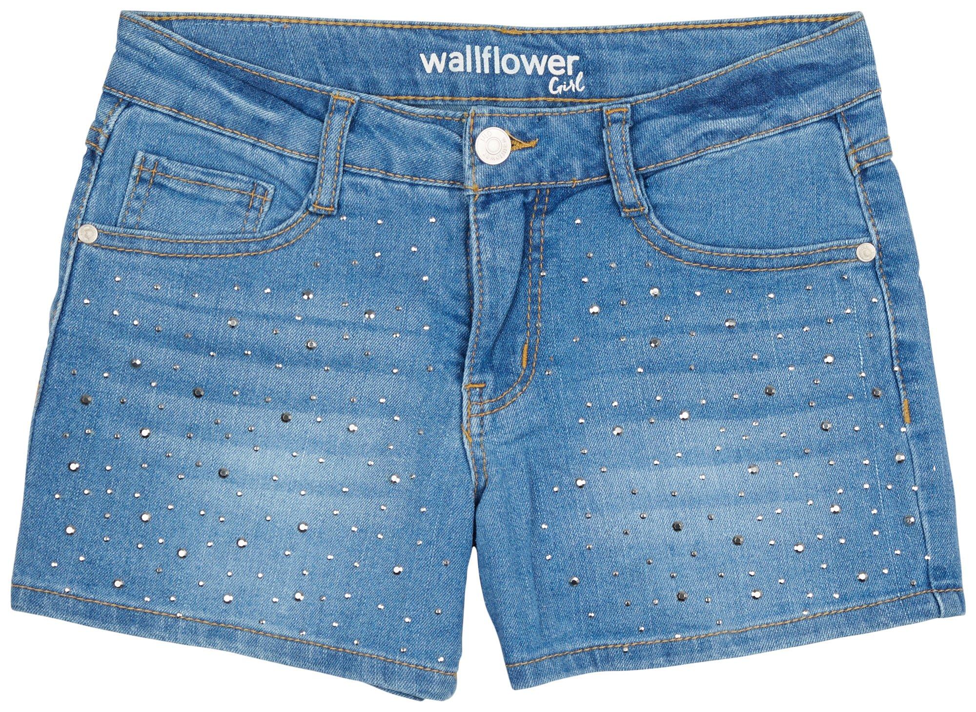 Wallflower Big Girls Silver Rhinestone Denim Shorts