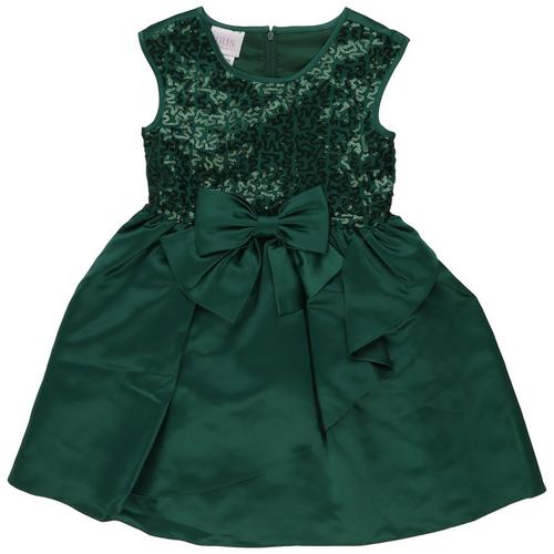 Little Girls Sequin Green Xmas Woven Dress