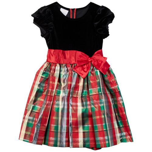 Little Girls Plaid Black Velvet Xmas Dress